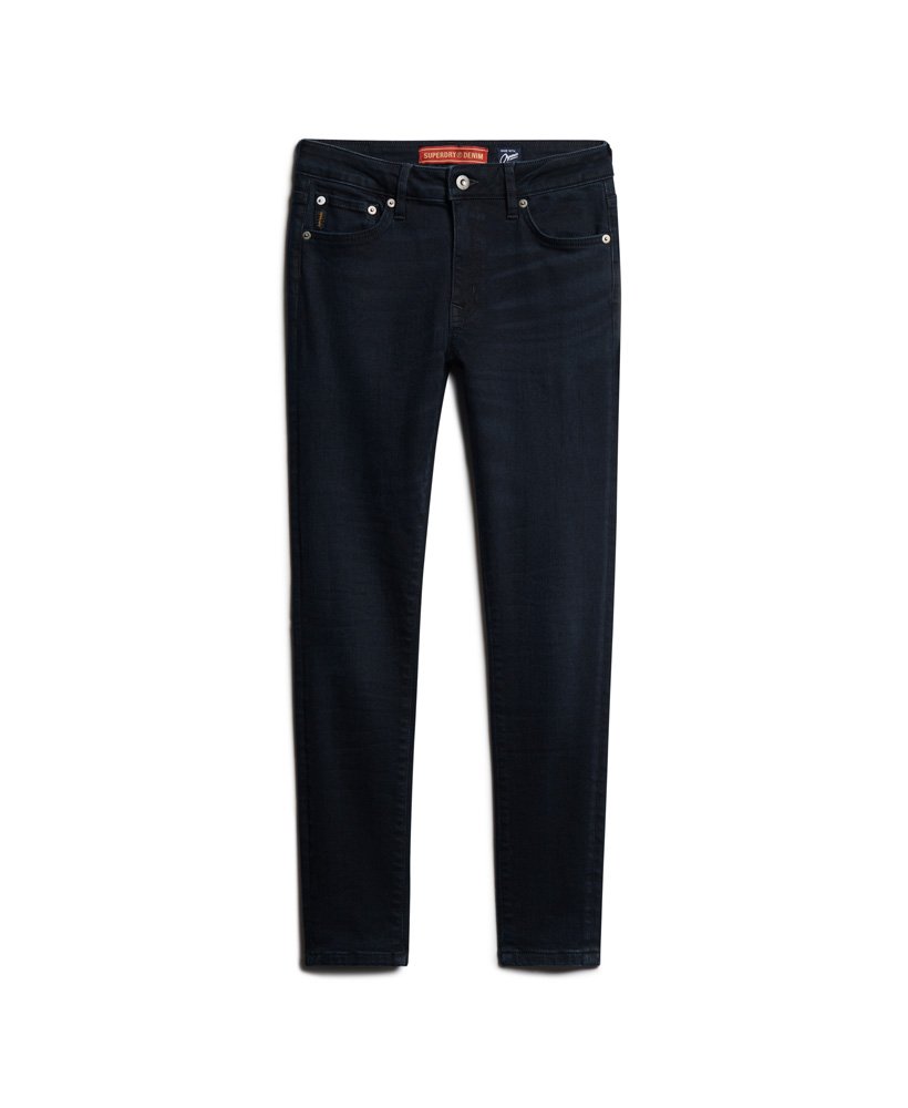 calça jeans skinny vintage de algodão orgânico cintura média nas cores azul víbora e preta.