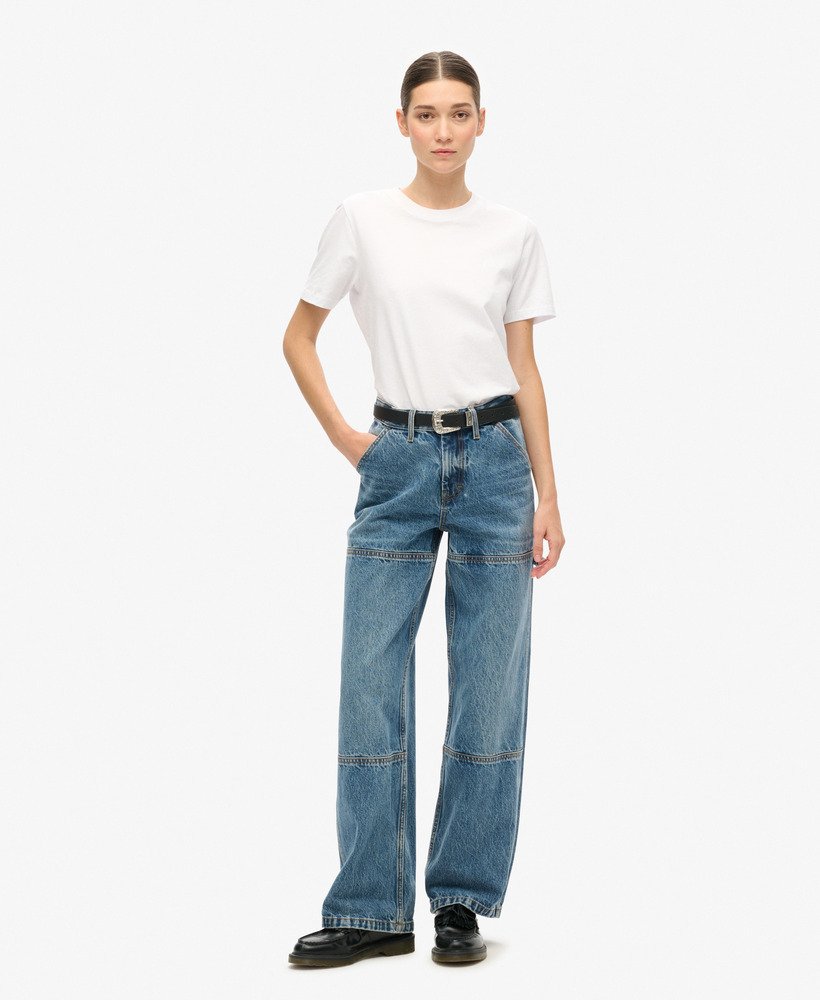 calça jeans de cintura média estilo carpinteiro na cor azul guerrero mid blue