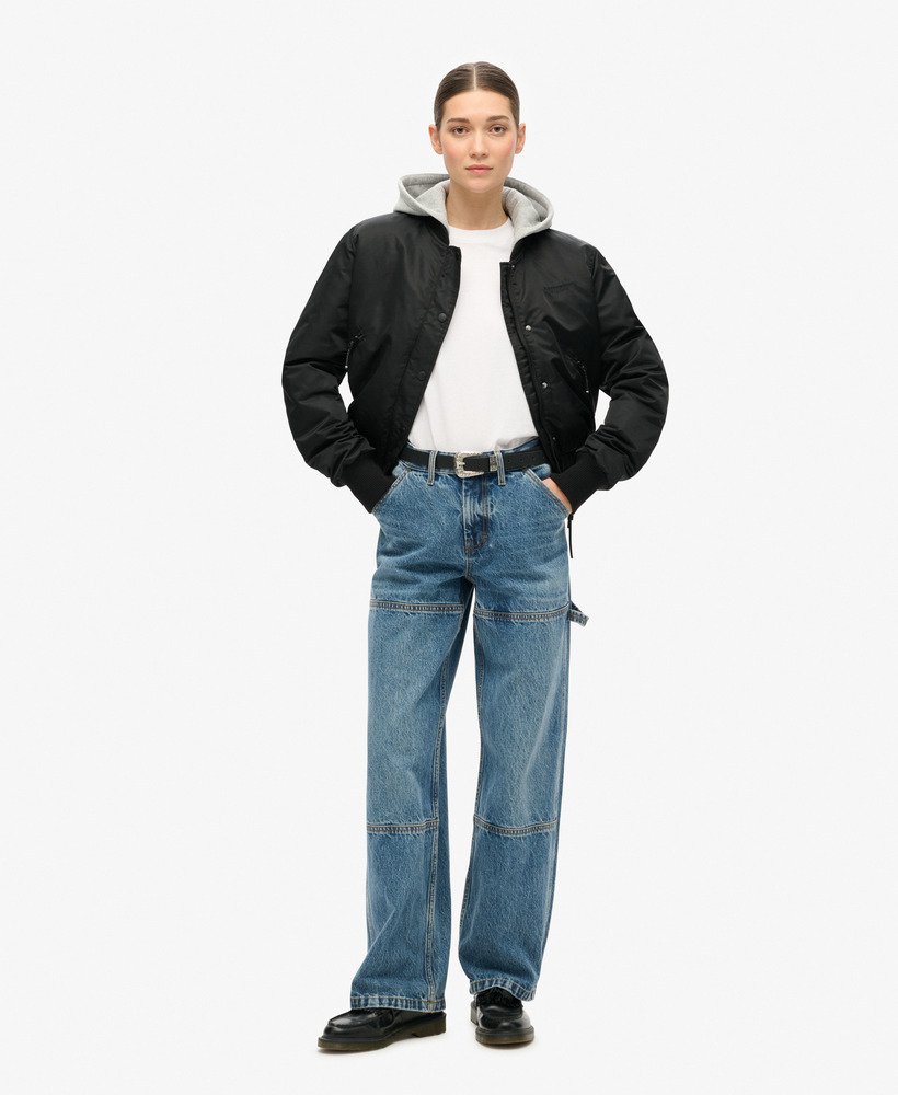 calça jeans de cintura média estilo carpinteiro na cor azul guerrero mid blue