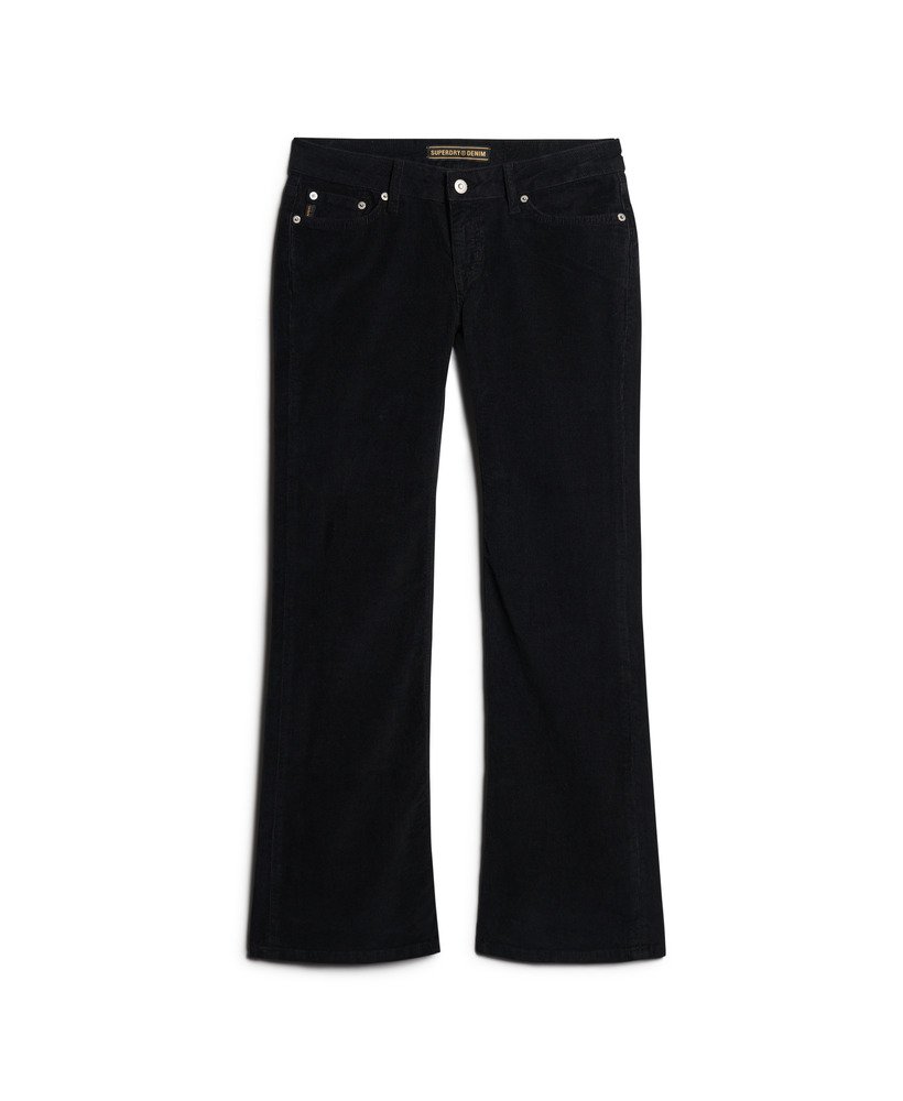 calça jeans flare de veludo cotelê de cintura baixa na cor preta.