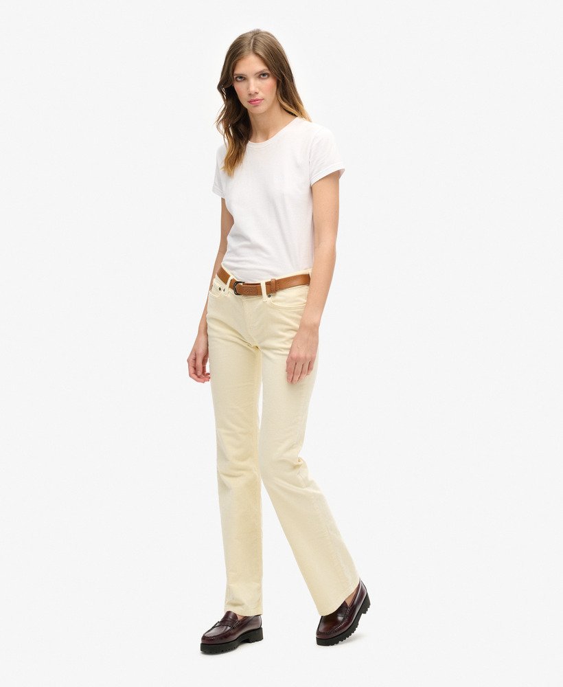 calça jeans flare de veludo cotelê de cintura baixa na cor ostra