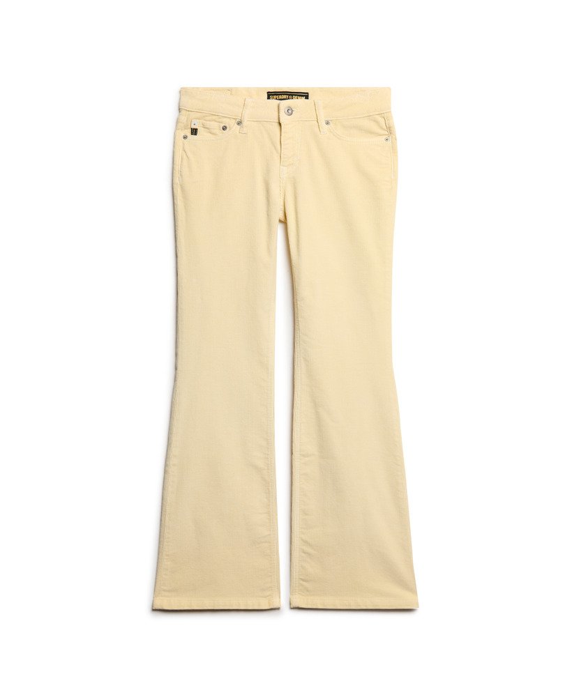 calça jeans flare de veludo cotelê de cintura baixa na cor ostra