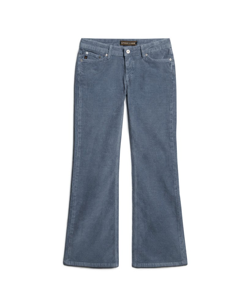 calça jeans flare de cintura baixa em veludo cotelê azul lavado