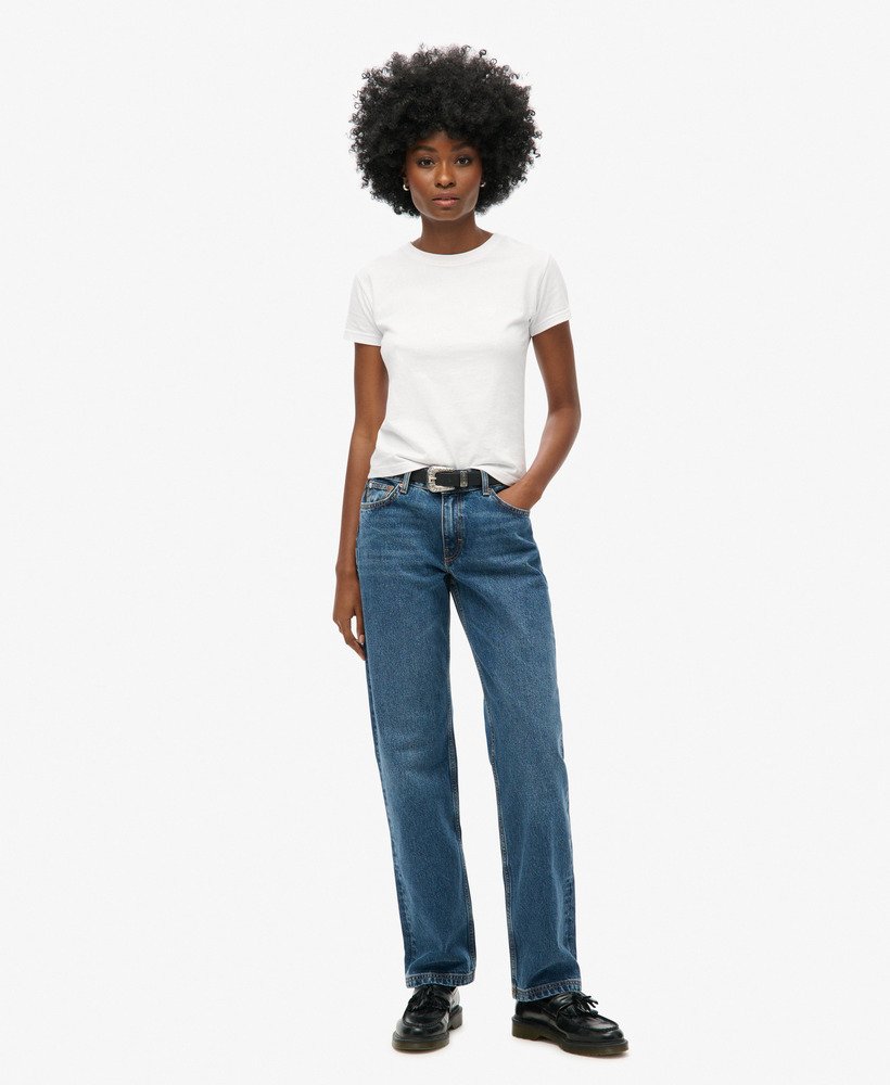 calça jeans reta de cintura média na cor azul vintage fulton
