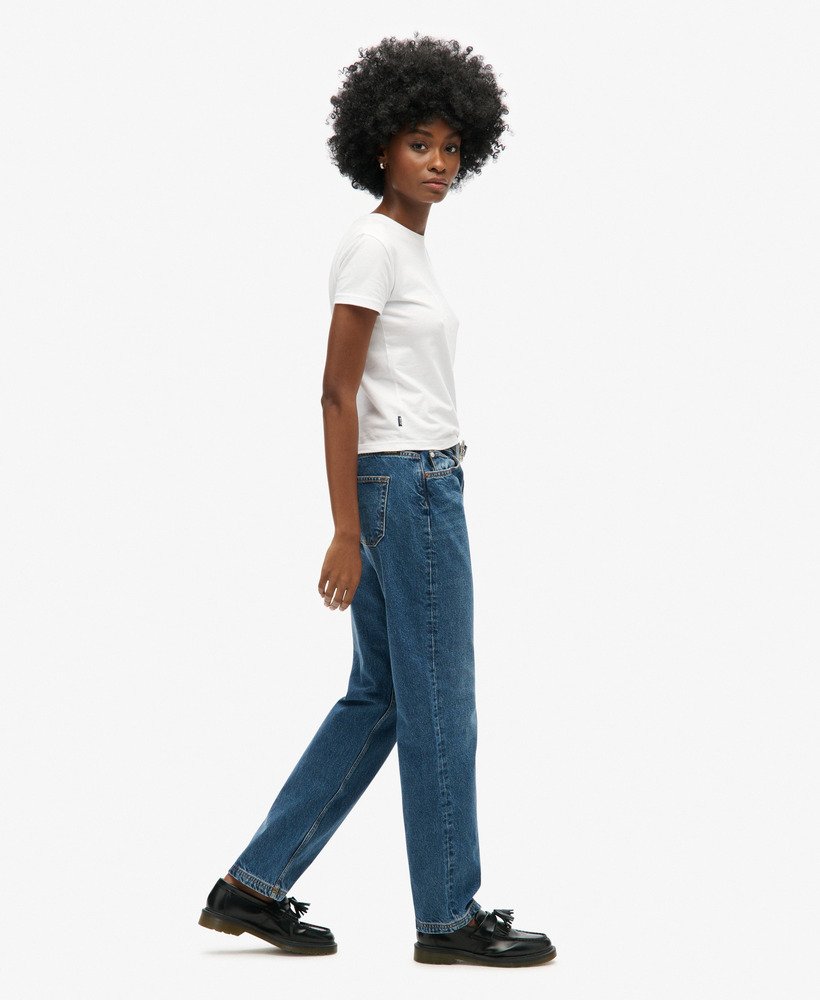 calça jeans reta de cintura média na cor azul vintage fulton