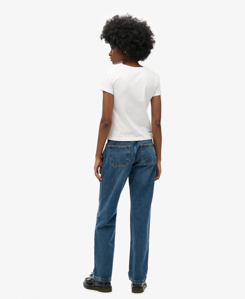 calça jeans reta de cintura média na cor azul vintage fulton