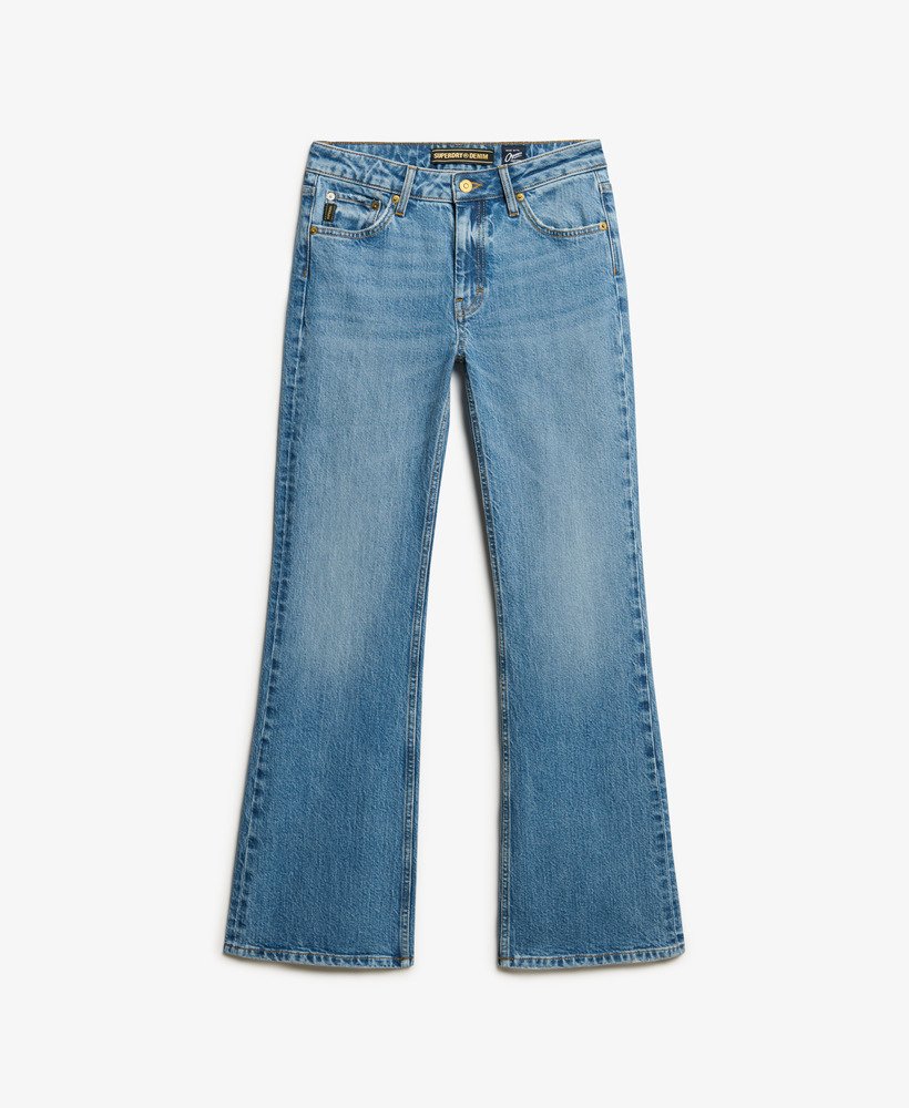 calça jeans vintage de cintura média modelagem flare slim na cor azul lavado beecher.