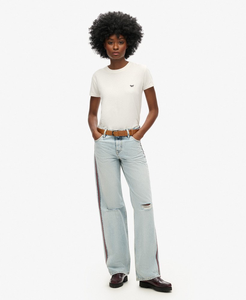 calça jeans de cintura média pernas largas e fita dupla face estilo vintage personalizado para a primavera.