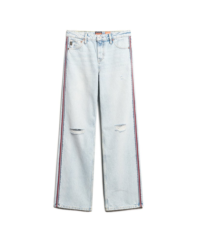 calça jeans de cintura média pernas largas e fita dupla face estilo vintage personalizado para a primavera.