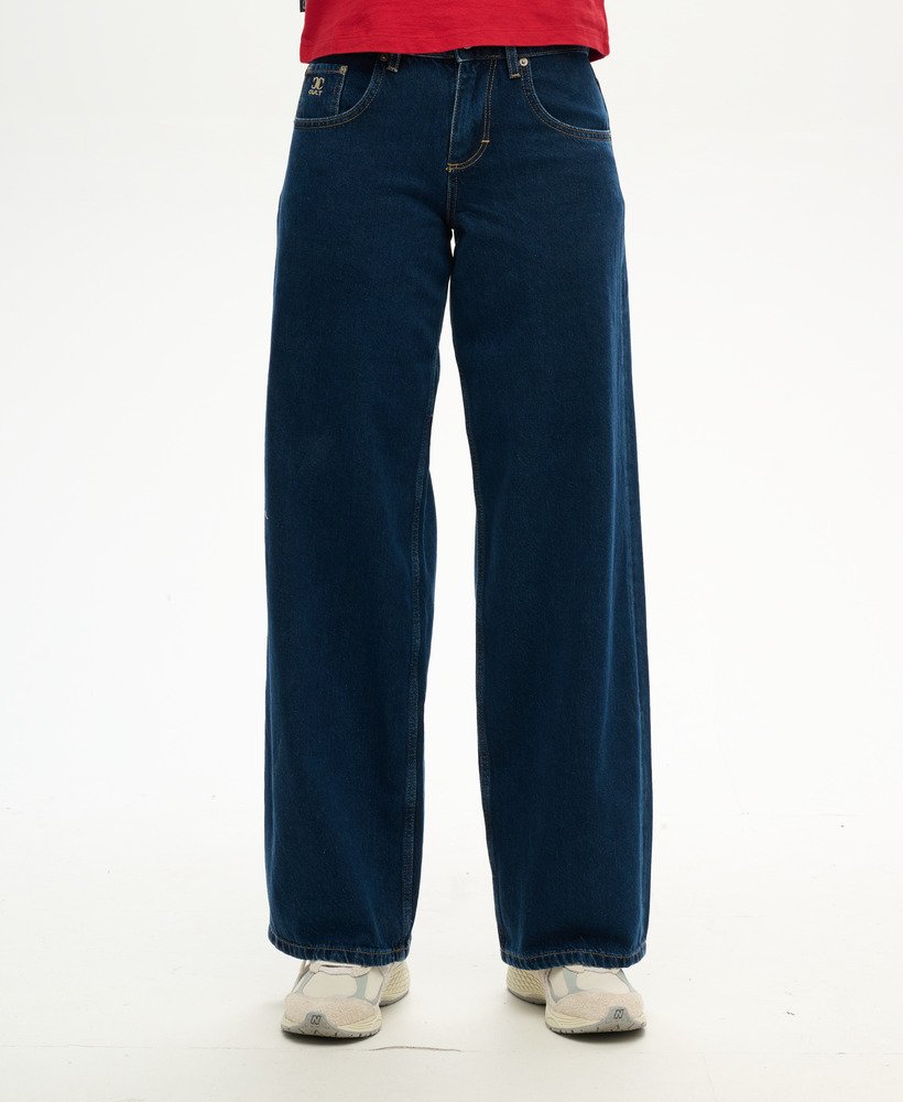 calça jeans folgada de cintura média cult em lavagem vintage azul escuro