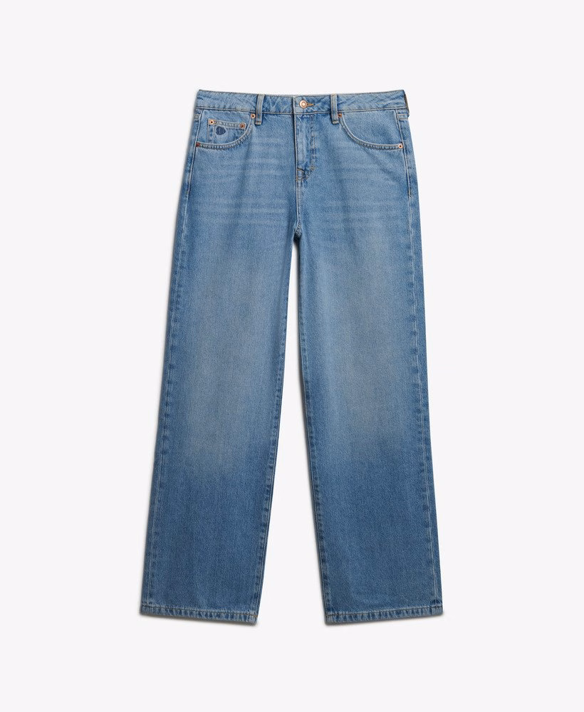 Calça jeans de algodão orgânico, cintura média e pernas largas.