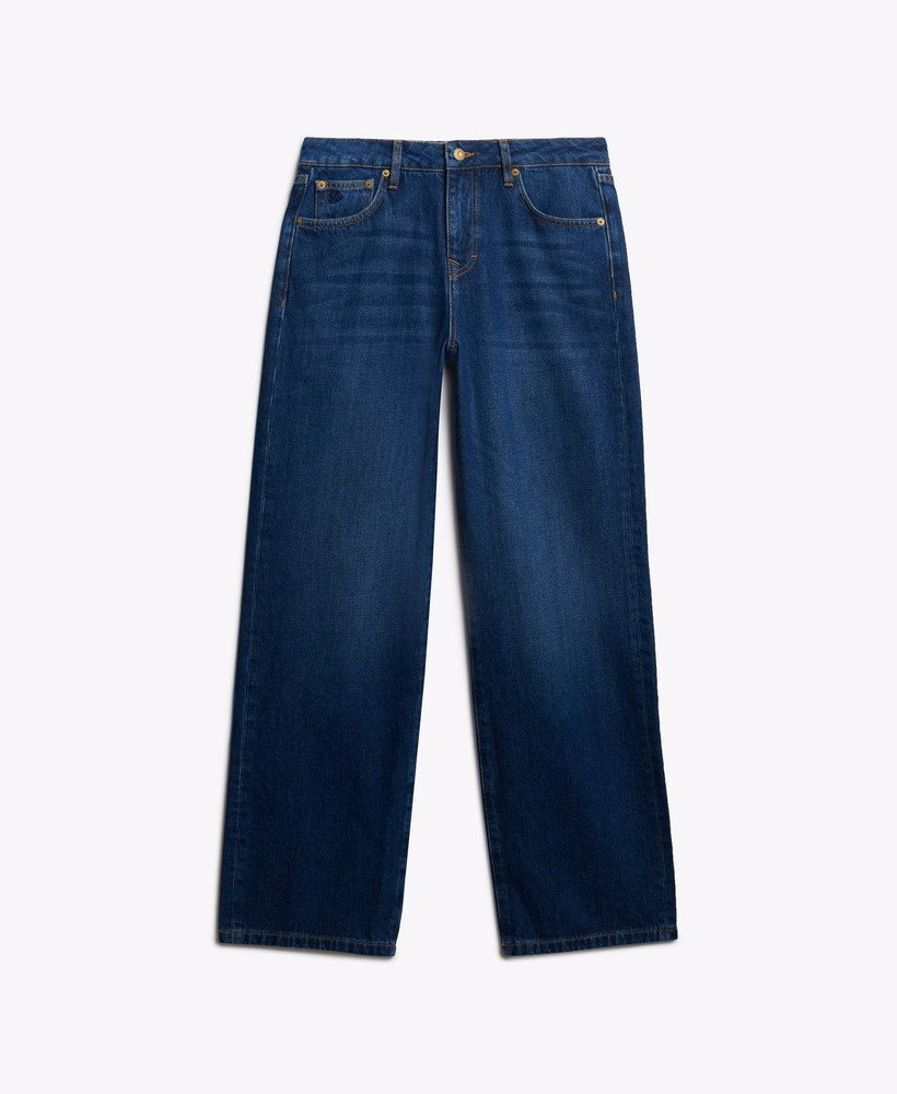 Calça jeans de algodão orgânico, cintura média e pernas largas.