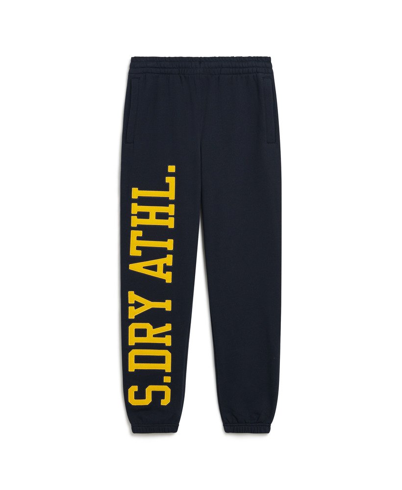 calça jogger masculina com logo universitário na cor azul-marinho eclipse.