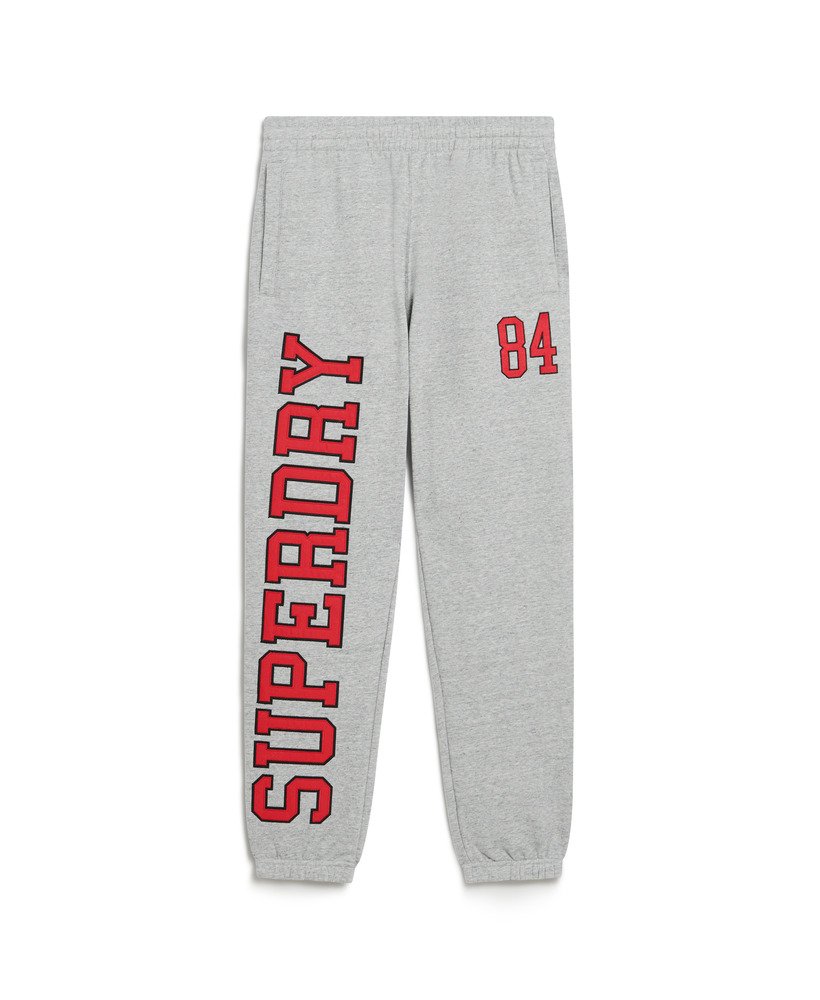 calça jogger masculina com logo universitário em cinza mesclado atlético