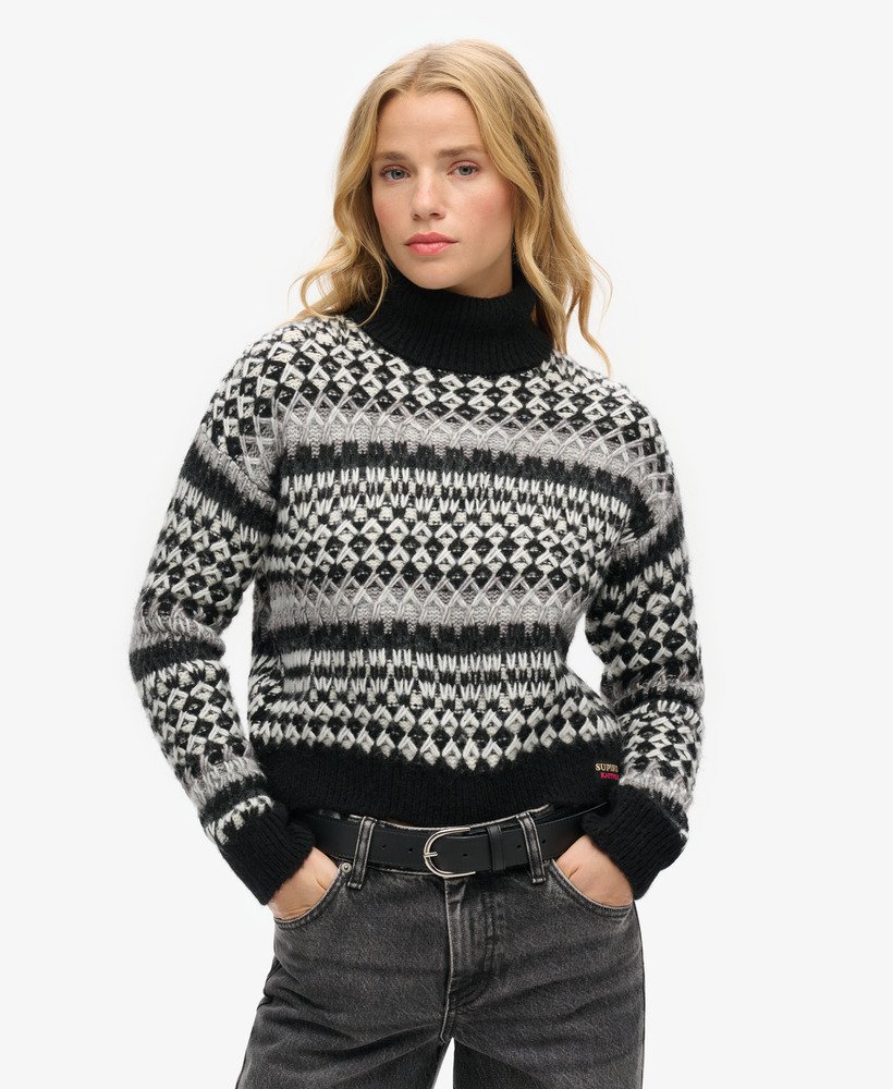 suéter cropped de gola alta em tricô preto