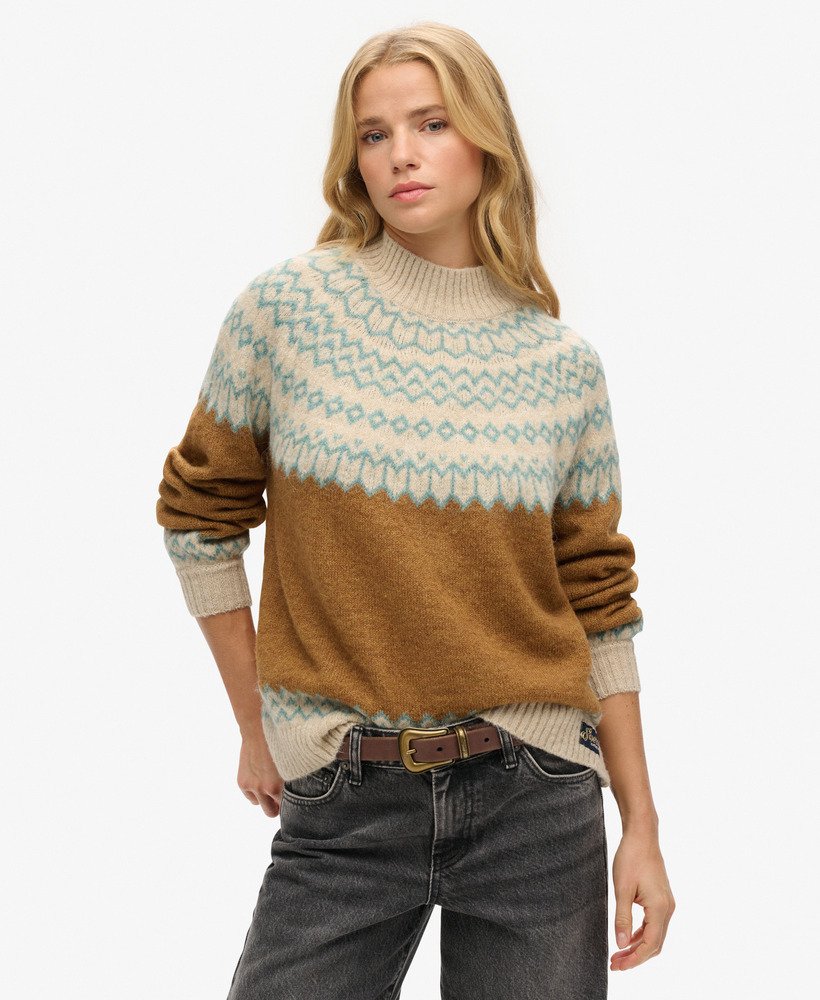 suéter folgado de tricô com padrão fair isle em caramelo.