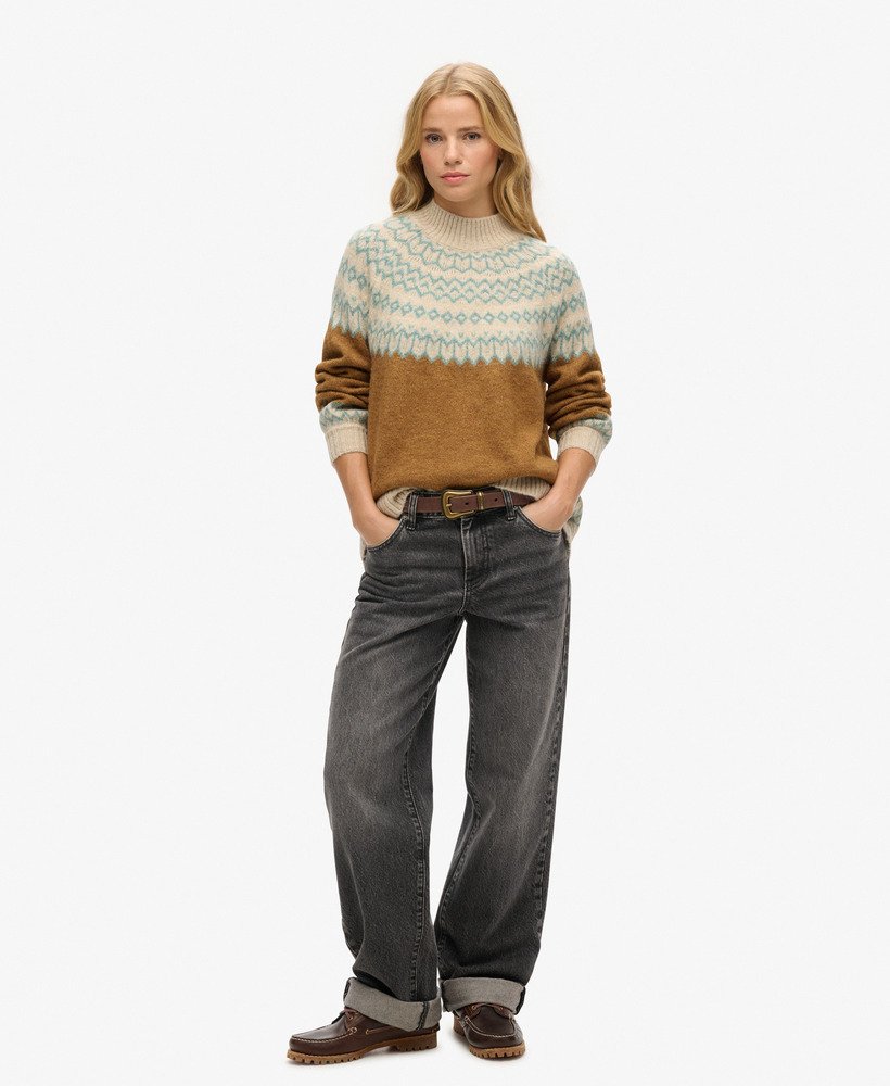 suéter folgado de tricô com padrão fair isle em caramelo.