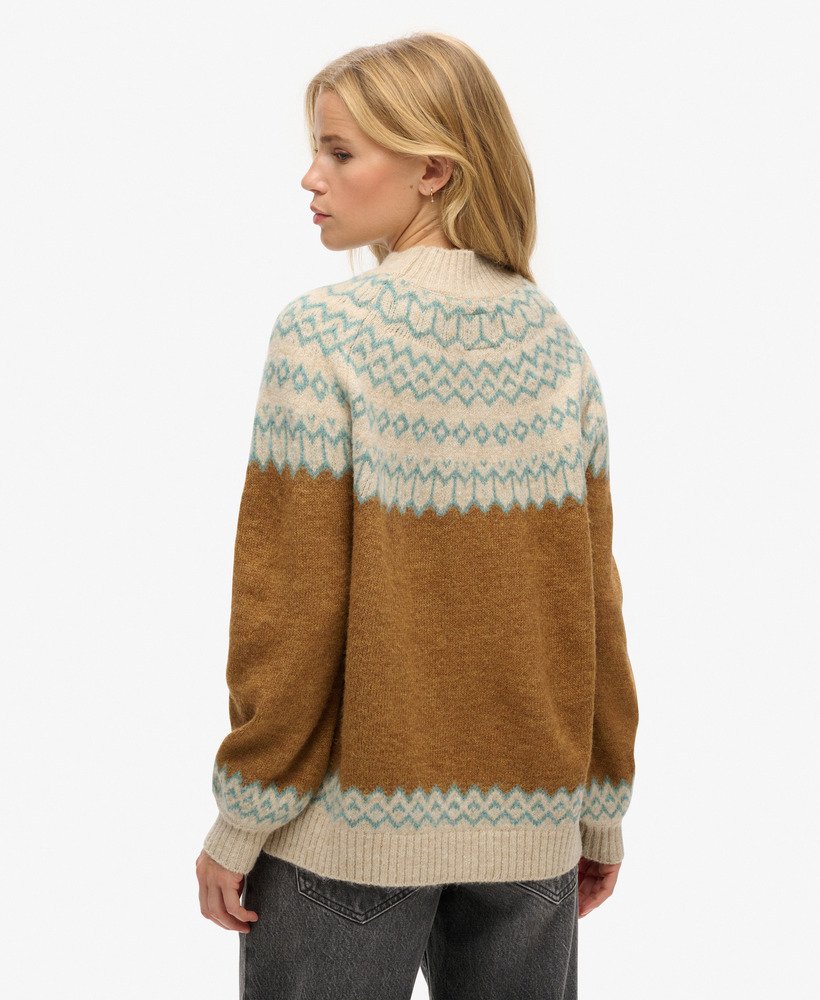 suéter folgado de tricô com padrão fair isle em caramelo.