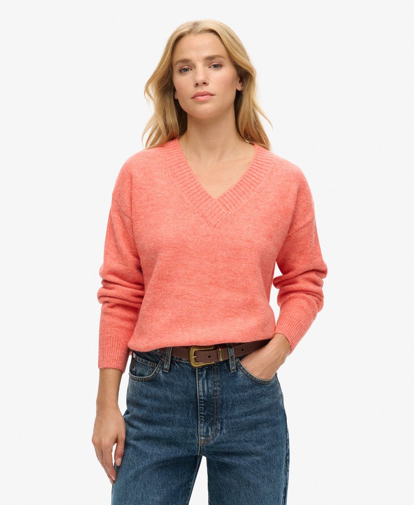 suéter oversized com decote em v na cor laranja mesclado.