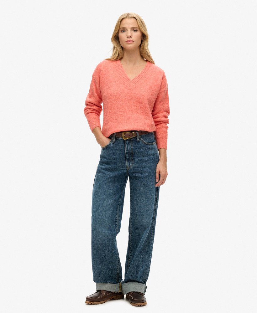 suéter oversized com decote em v na cor laranja mesclado.