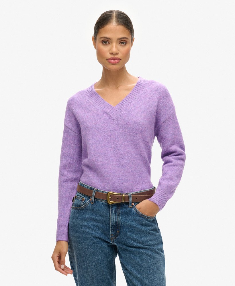 suéter oversized com decote em v na cor candy frost purple mescla.
