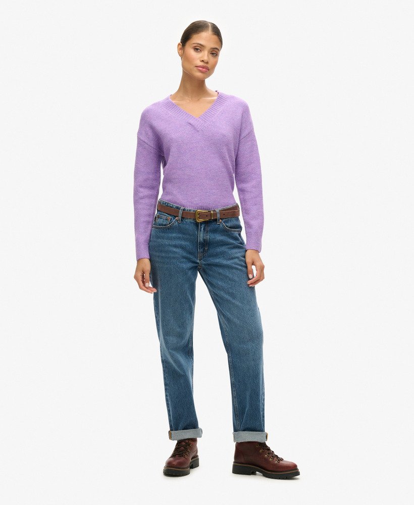 suéter oversized com decote em v na cor candy frost purple mescla.