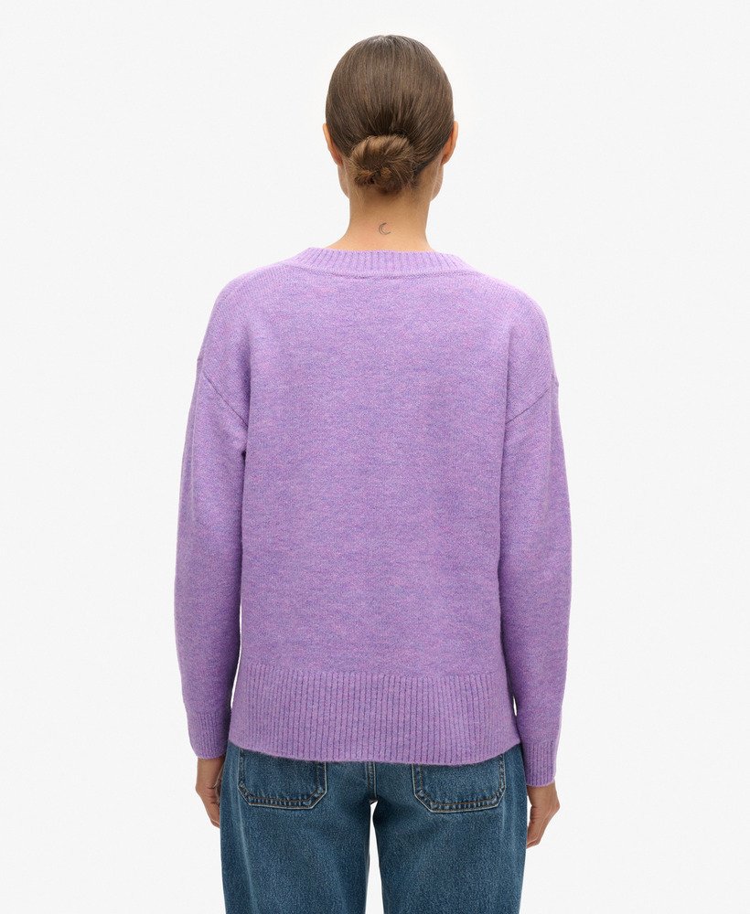 suéter oversized com decote em v na cor candy frost purple mescla.