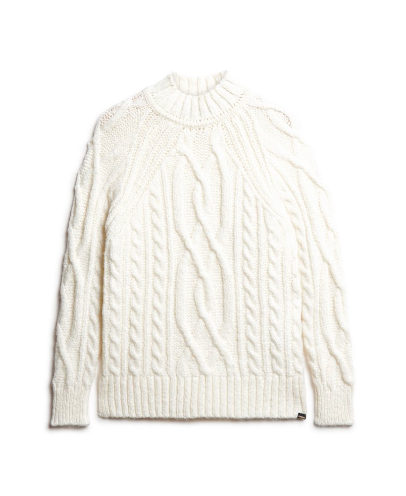 suéter de gola alta em tricô trançado na cor branco off-white.