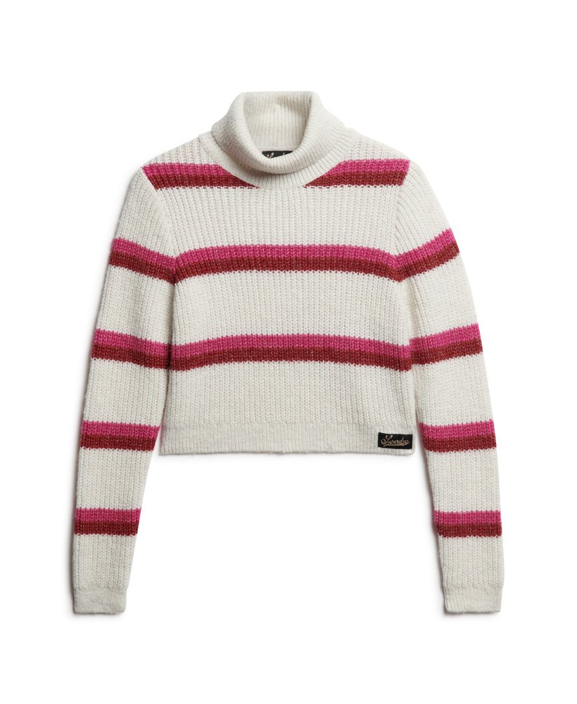 suéter cropped de gola alta listrado em rosa com estampa yarrow stripe.