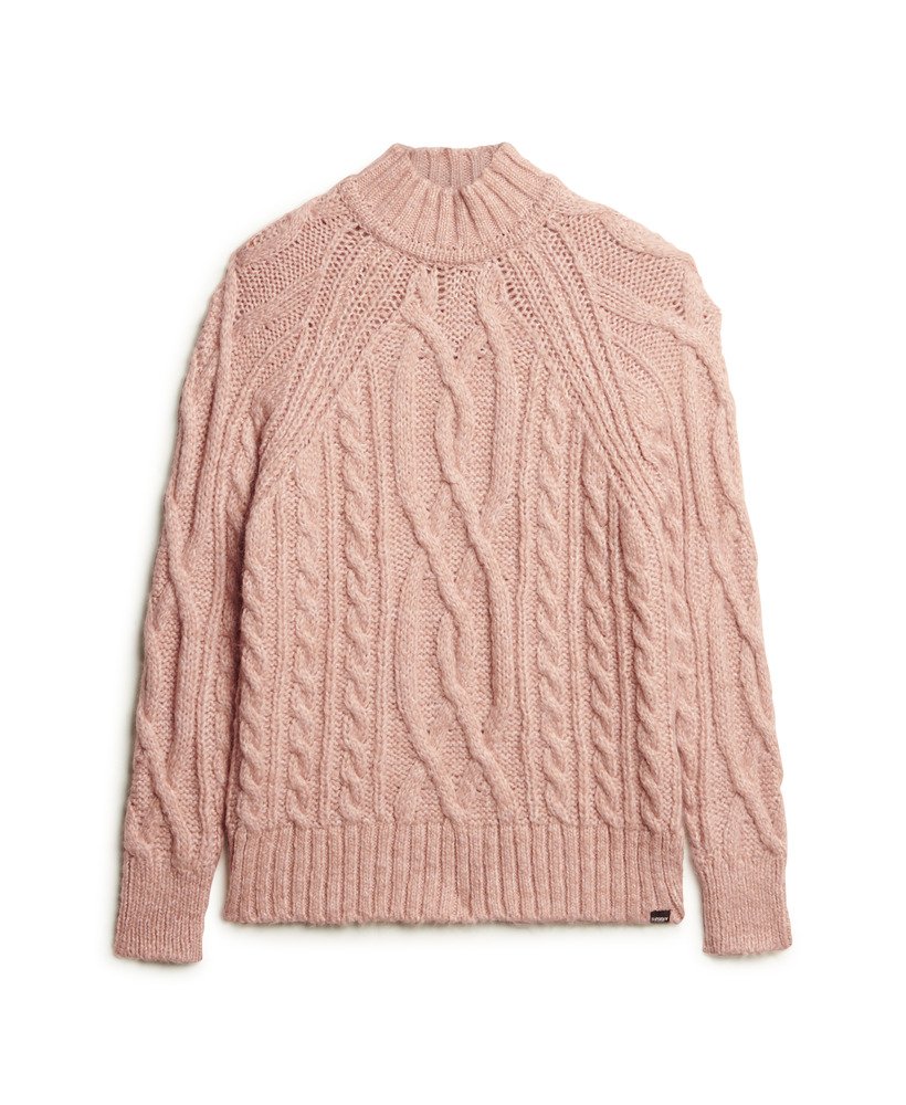 suéter de gola alta em tricô trançado na cor rosa mescla vintage blush.