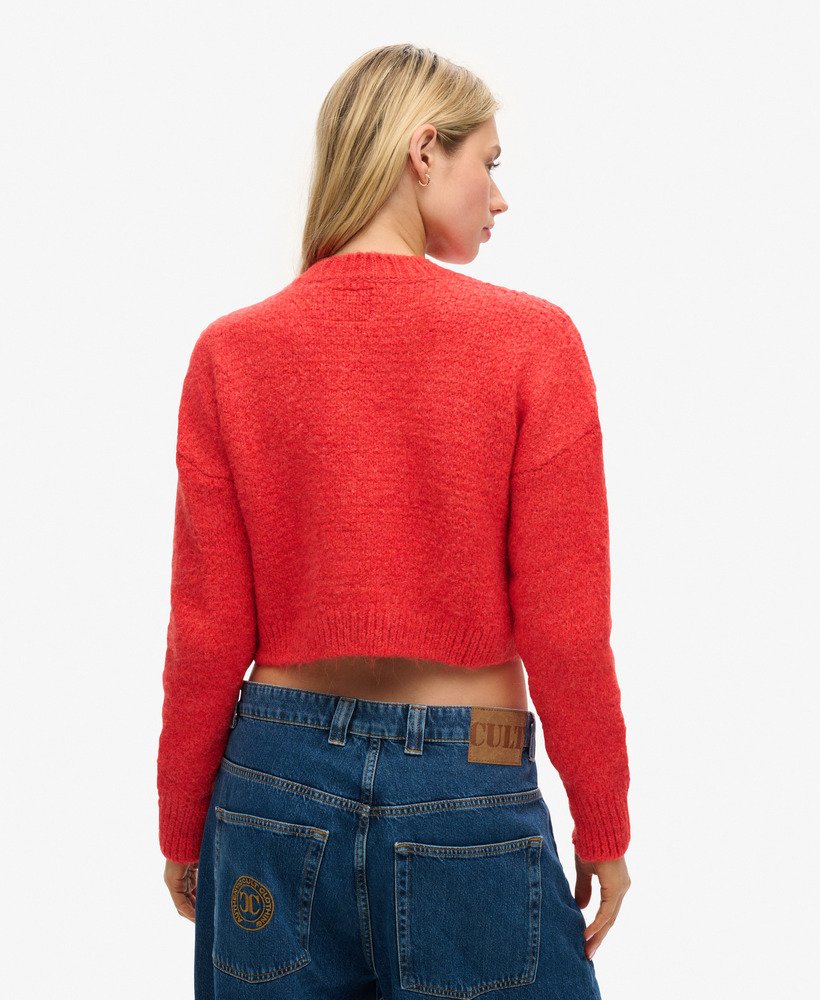 suéter cropped vintage texturizado em tricô na cor laranja fire sky.