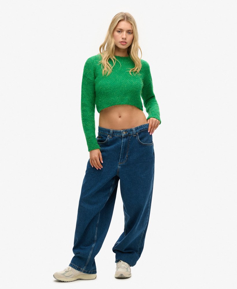 suéter cropped vintage texturizado em verde vibrante.