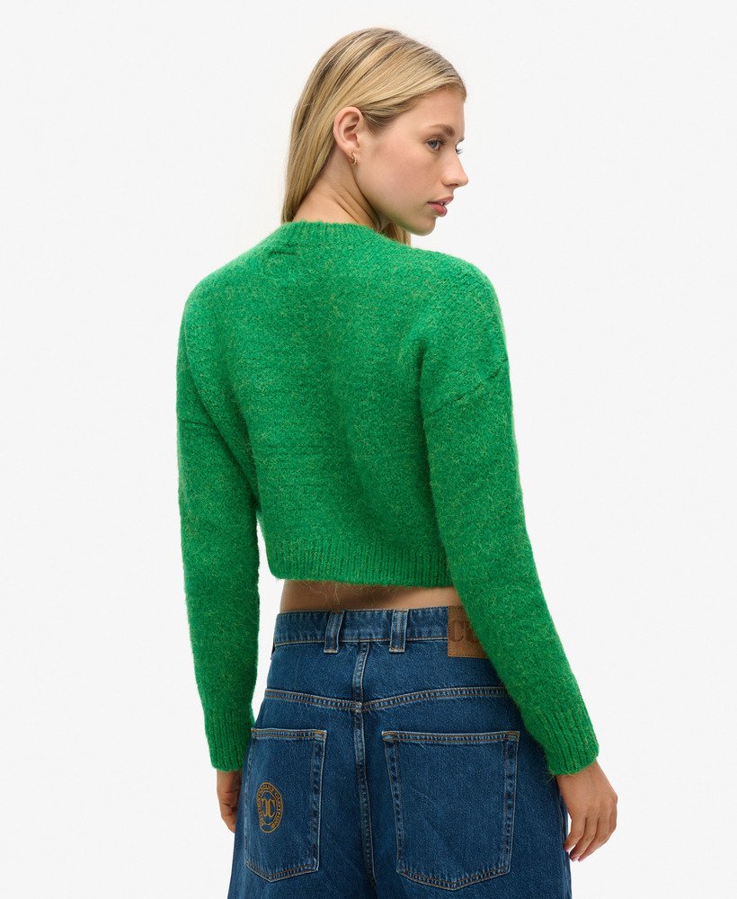 suéter cropped vintage texturizado em verde vibrante.