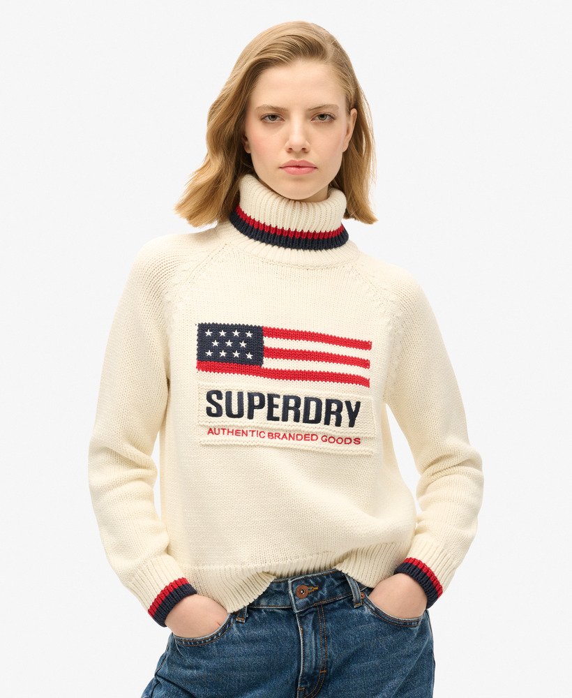 suéter de gola alta americana em malha na cor cru