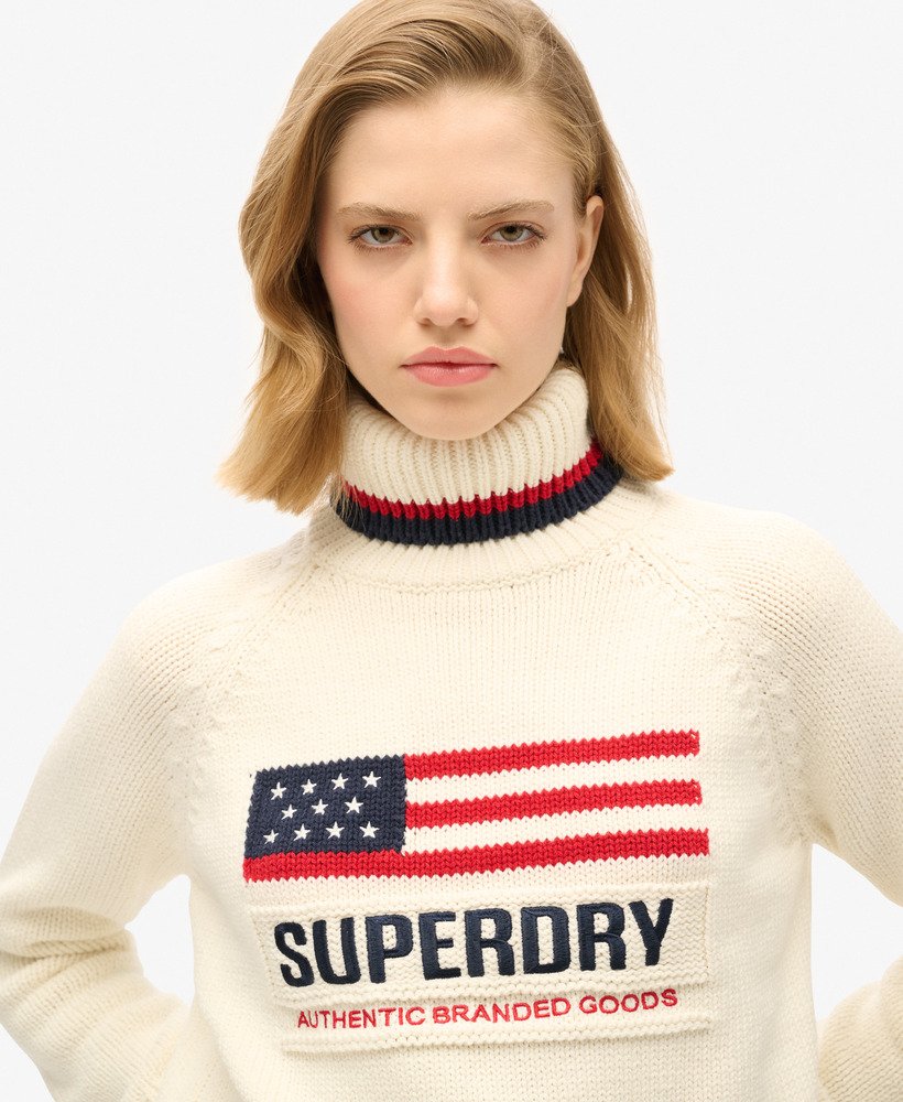suéter de gola alta americana em malha na cor cru