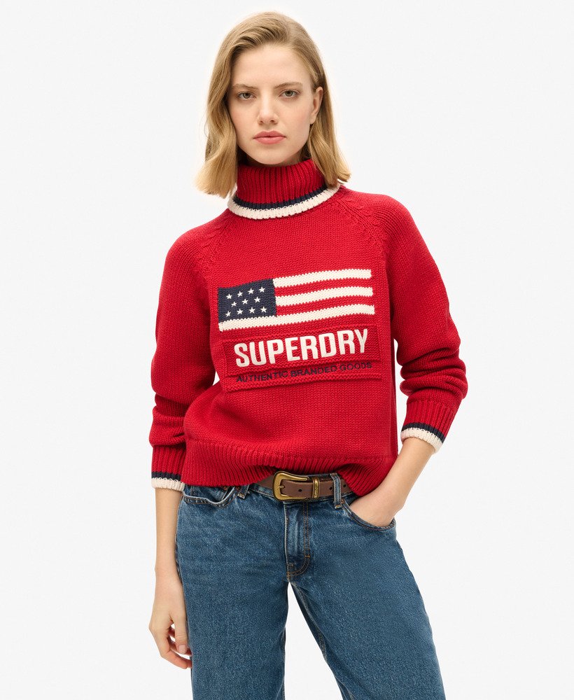 suéter de gola alta americana em malha na cor vermelho risco.