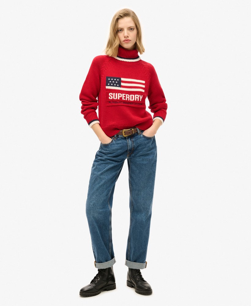 suéter de gola alta americana em malha na cor vermelho risco.