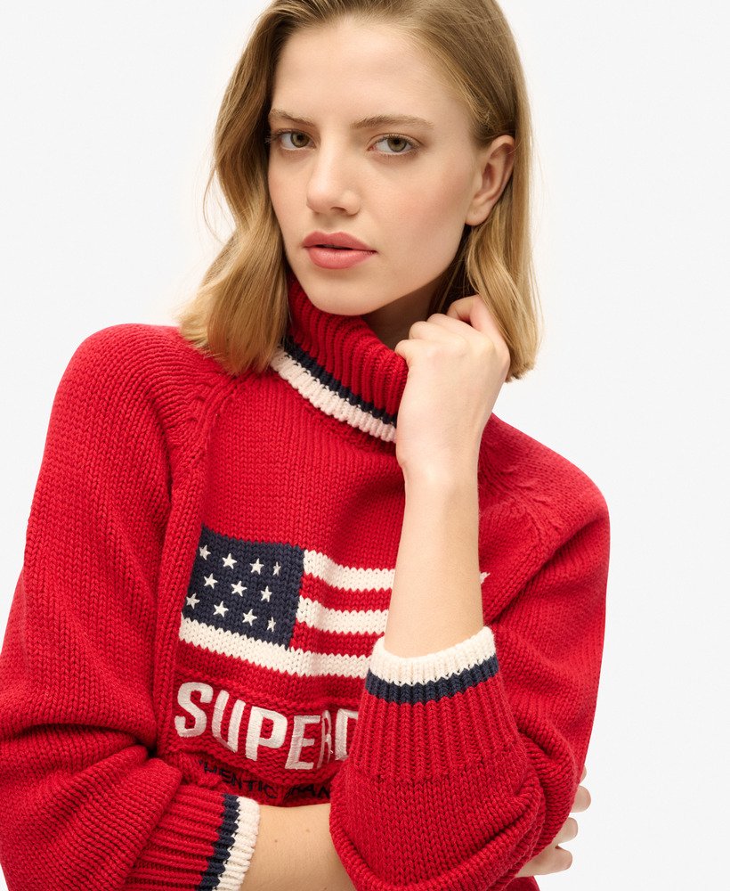 suéter de gola alta americana em malha na cor vermelho risco.