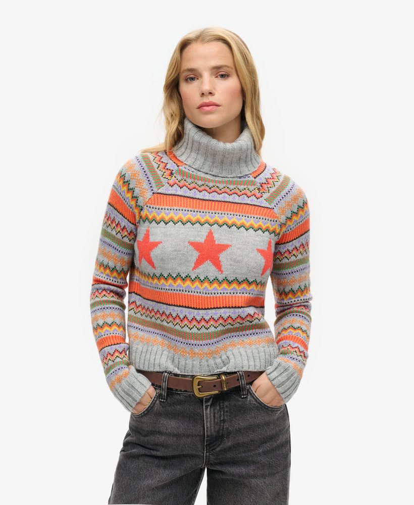suéter de gola alta raglan listrado em cinza mesclado fairisle