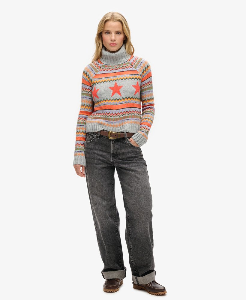 suéter de gola alta raglan listrado em cinza mesclado fairisle