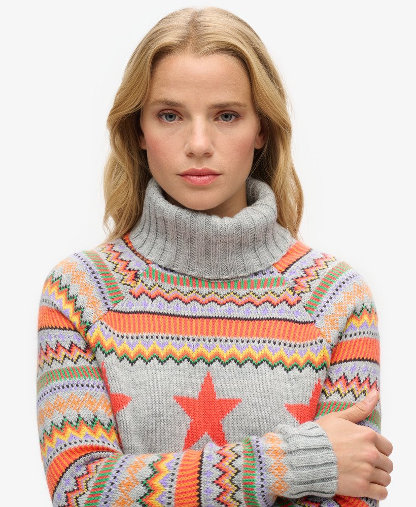 suéter de gola alta raglan listrado em cinza mesclado fairisle