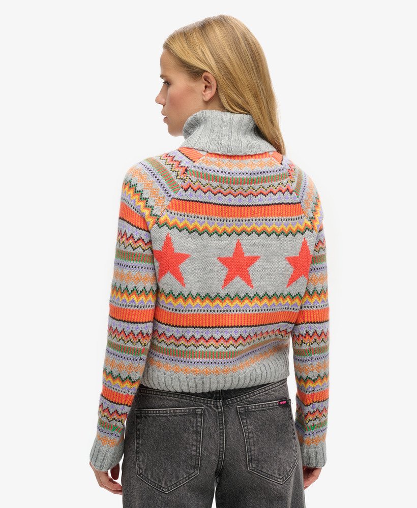 suéter de gola alta raglan listrado em cinza mesclado fairisle