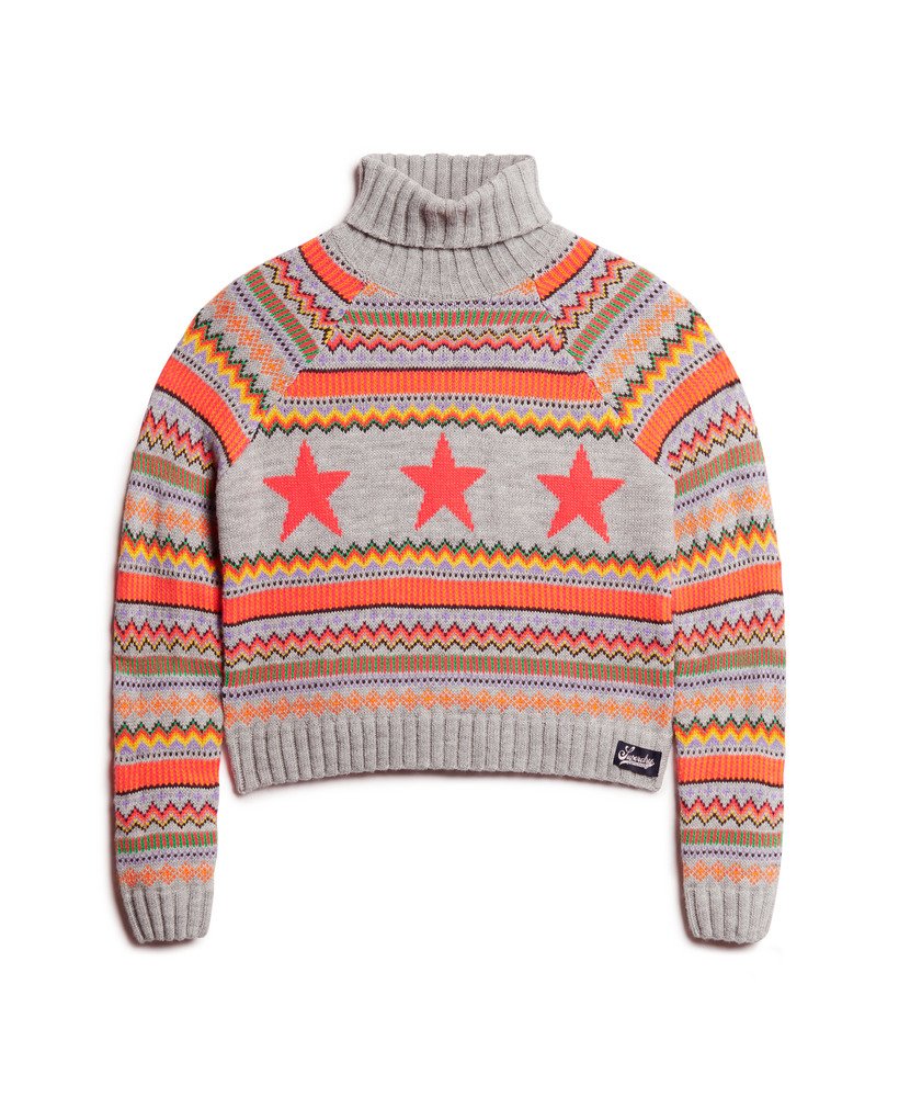 suéter de gola alta raglan listrado em cinza mesclado fairisle