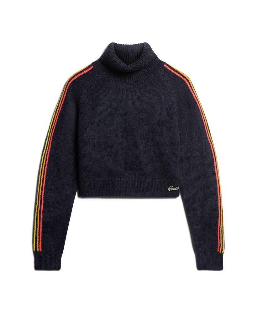 suéter gola alta raglan com listra lateral em azul marinho com listras multicoloridas