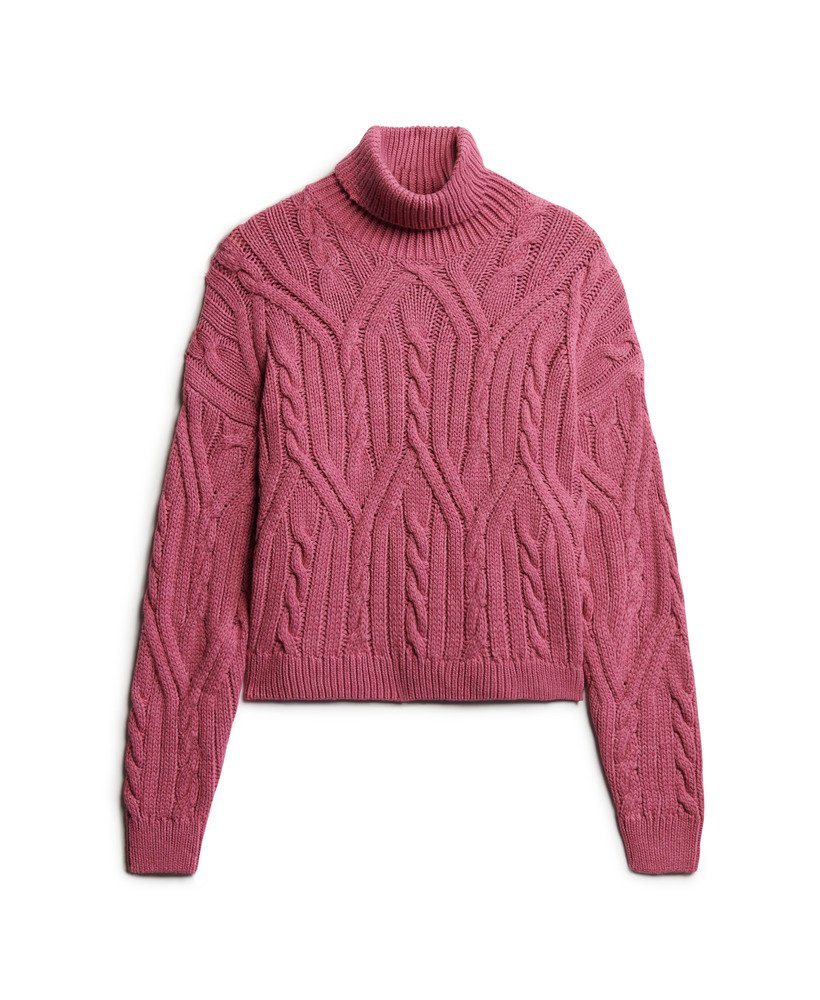 suéter de gola alta em tricô trançado com torção na cor rosa mamão