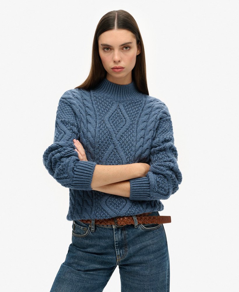 suéter polo de tricô aran em azul jeans vintage