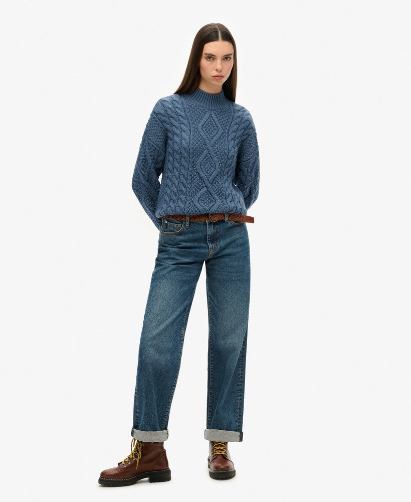 suéter polo de tricô aran em azul jeans vintage