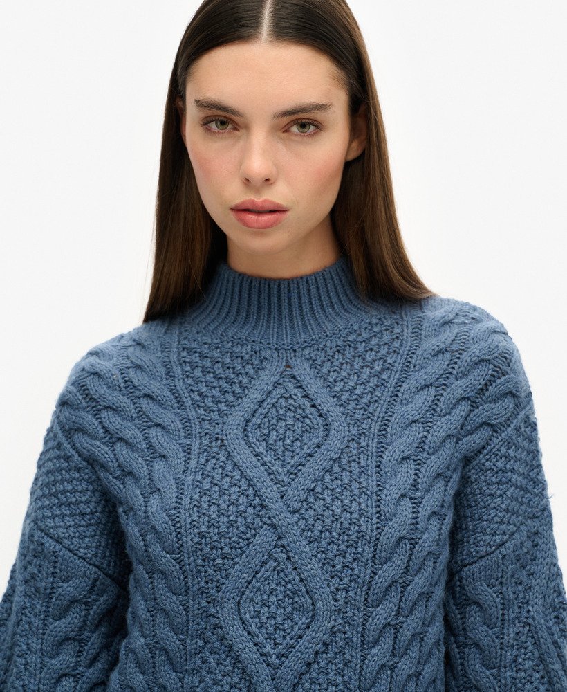 suéter polo de tricô aran em azul jeans vintage