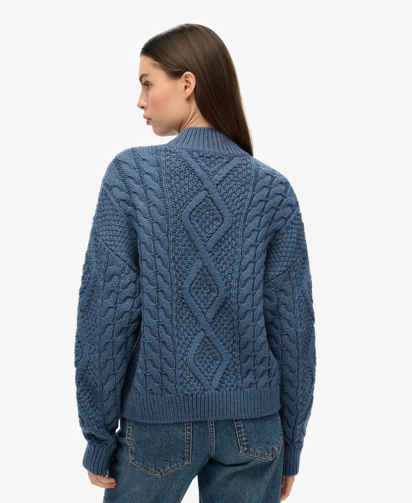 suéter polo de tricô aran em azul jeans vintage