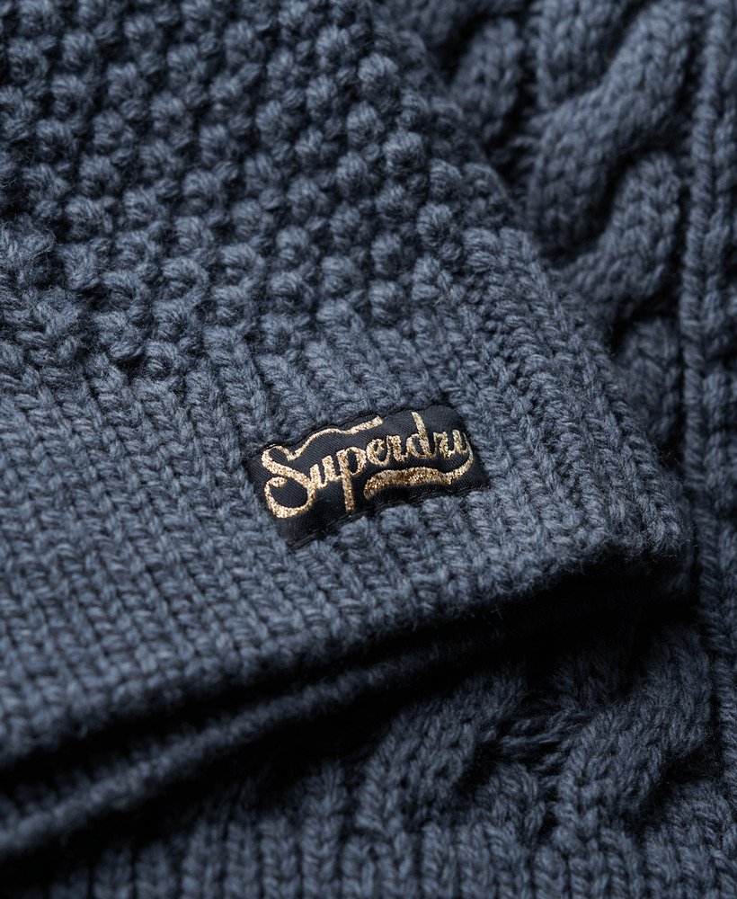suéter polo de tricô aran em azul jeans vintage